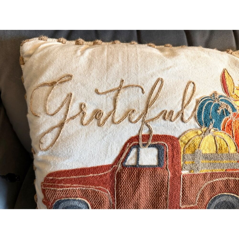 Grateful Fall Truck Pillow 20in x 15in Harvest Pumpkins Embroidered Autumn Decor - Picture 6 of 13